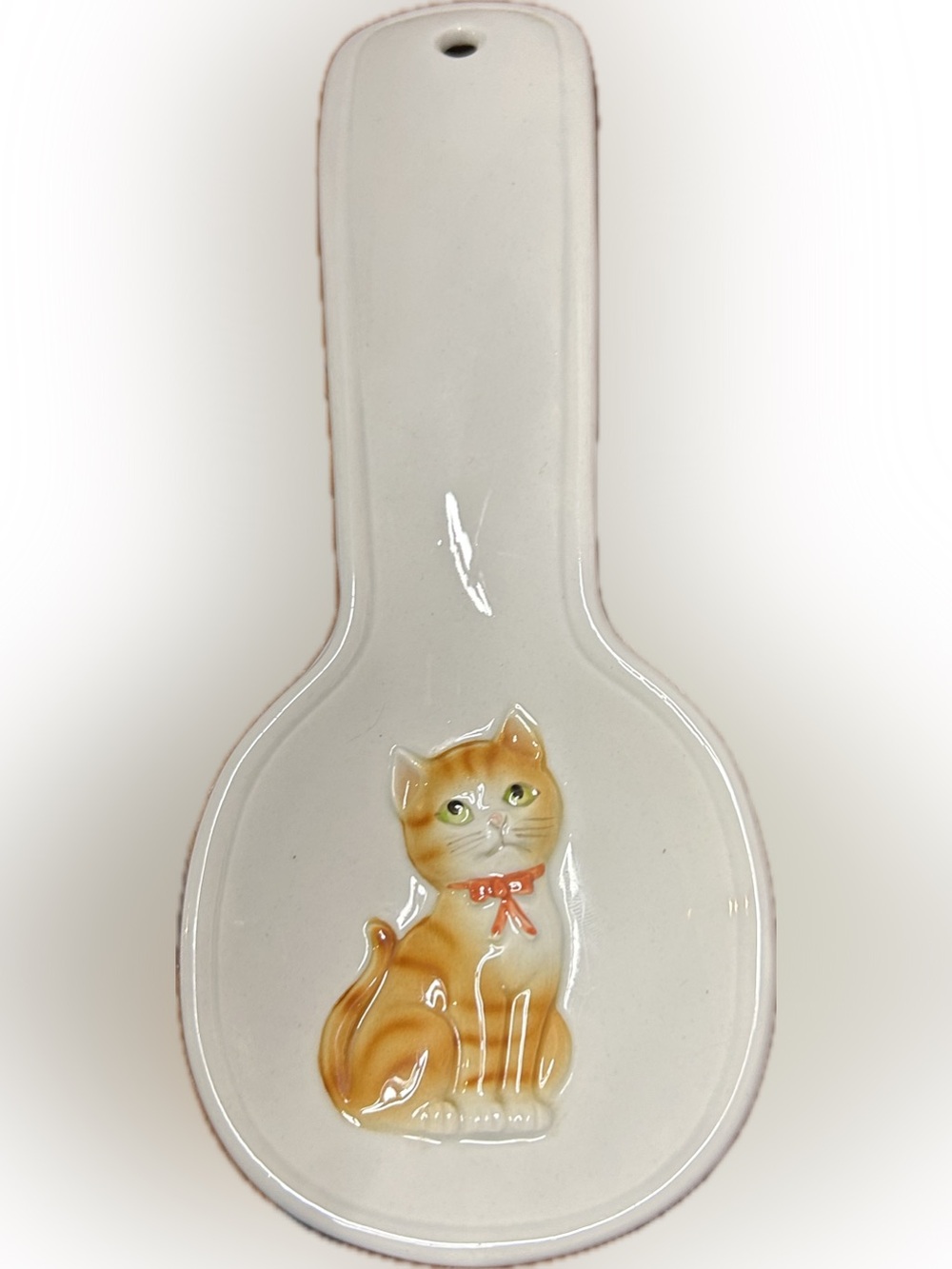 Otagiri Cream Ceramic Spoon Rest with Orange Tabby Cat and Red Bow 9 x 3.5